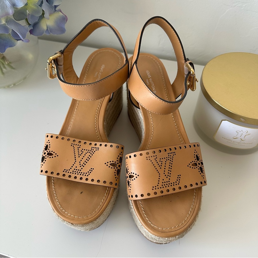 LOUIS VUITTON Calfskin Monogram Embossed Espadrille Wedge Sandals in Cognac